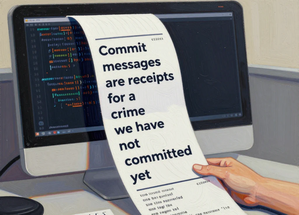 A gouache painting depicting a computer monitor standing upright on a desk, where lines of code drip down the beige casing to become thick, textured paper receipts stacked to the user's elbow. The top receipt dominates the center foreground with the full quote text 'Commit messages are receipts for a crime we have not committed yet' printed in large, high-contrast blocks that cut through the painted wood-grain texture. The mood is urgent with a slight tilt in the perspective, rendered with opaque white highlights and deep, matte shadows characteristic of gouache washes. Style: gouache painting. Mood: dramatic.